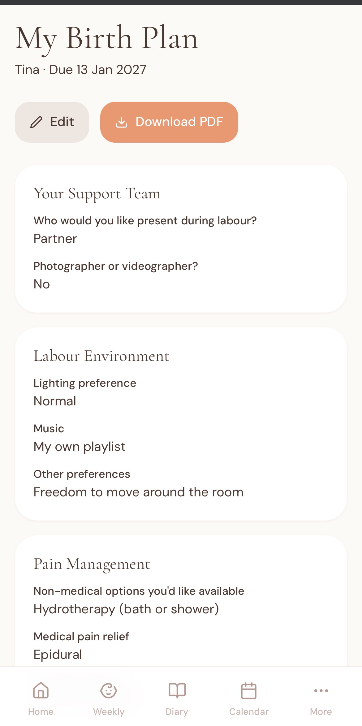 Bloom app — Birth plan